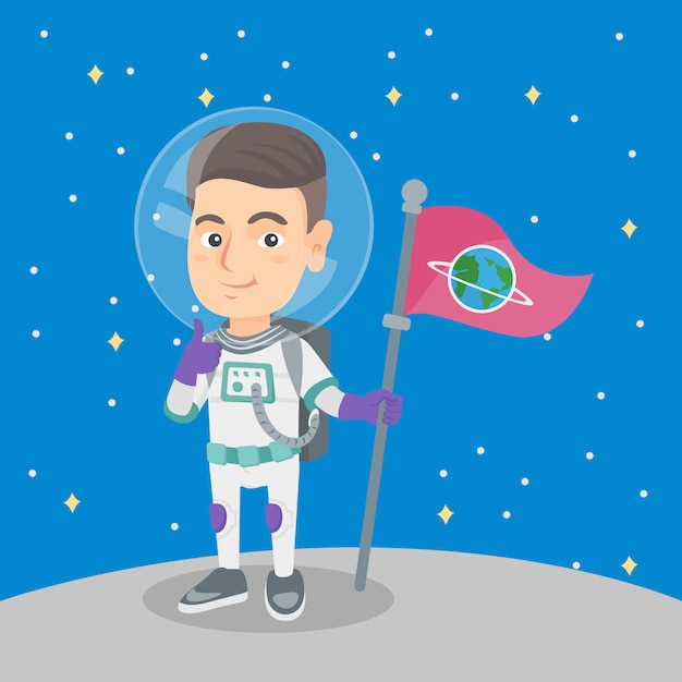 Kaukasischer kinderraumfahrer mit flagge auf einem neuen planeten.