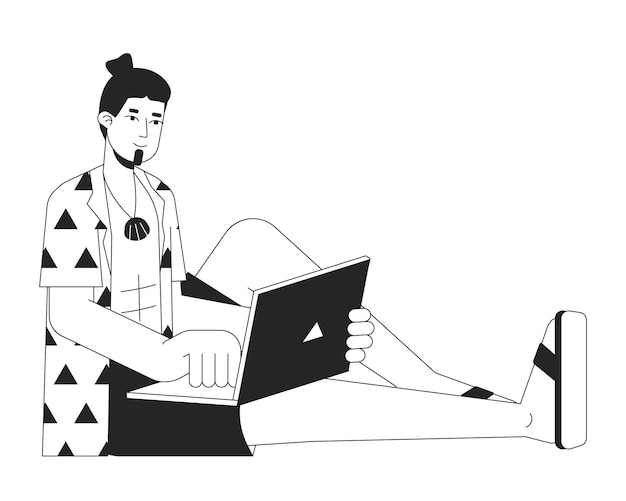 Kaukasischer Mann mit Laptop, flache Linie, schwarz-weißer Vektorcharakter, redigierbarer Umriss, voller Körper, entspannter Arbeiter, einfache Cartoon-Isolation, Spot-Illustration für Webgrafikdesign