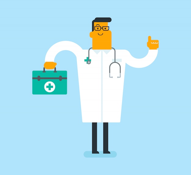 Kaukasischer weißer Doktor, der einen Kasten der ersten Hilfe anhält.