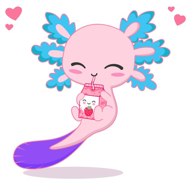 Vektor kawaii axolotl trinkt erdbeermilchtee-cartoon-vektorillustration