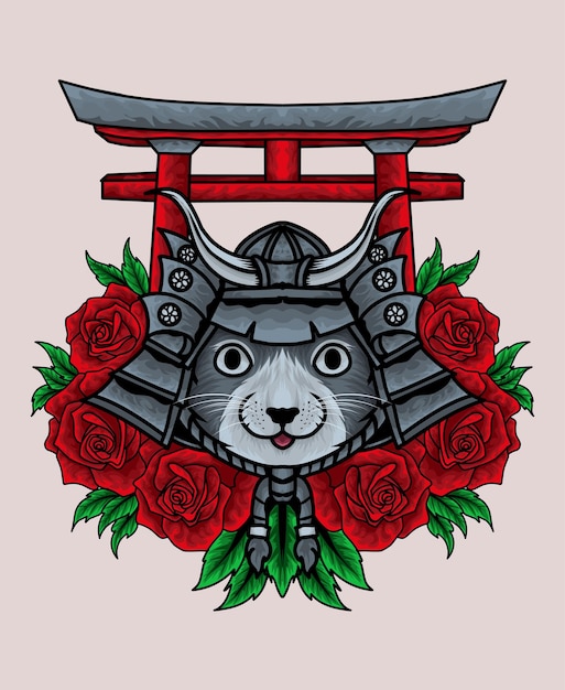 Kawaii cat samurai kopf mit rosenblüte und torii tor