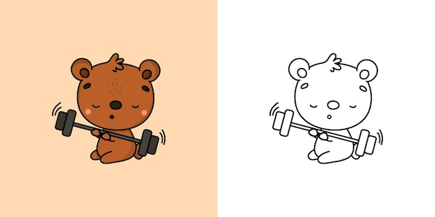 Kawaii Clipart Bär Sportler Illustration und zum Ausmalen. Kawaii Braunbär Sportler.
