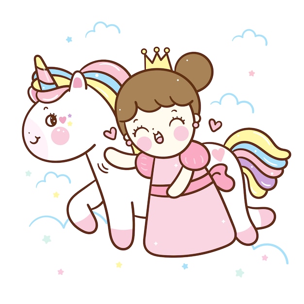 Kawaii einhornvektor und kleine prinzessinkarikatur