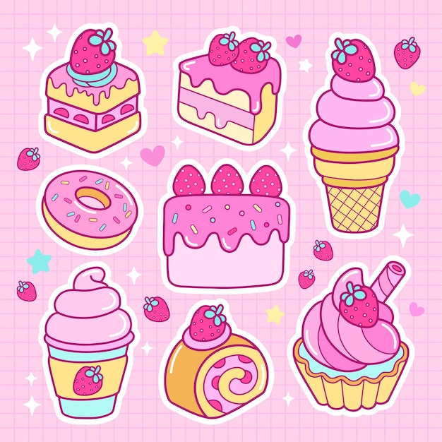 Kawaii Erdbeer Desserts Malvorlagen Illustration