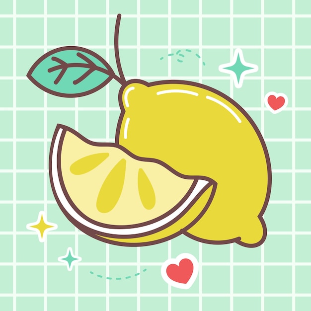 Kawaii-Food-Cartoon mit frischen Zitronenfrüchten, Vektorsymbol im niedlichen japanischen Anime-Manga-Aufkleberstil