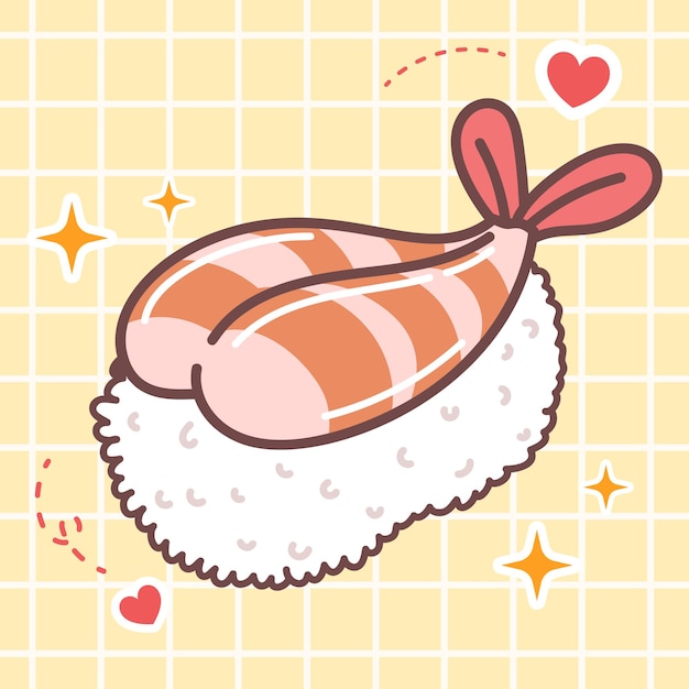 Kawaii-Food-Cartoon von Ebi-Garnelen-Nigiri-Sushi-Vektorsymbol im niedlichen japanischen Anime-Manga-Aufkleberstil