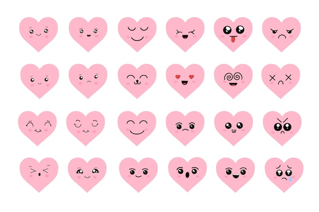 Kawaii-herzen eine reihe süßer emoji-symbole handgezeichnete emotionale zeichentrickfiguren