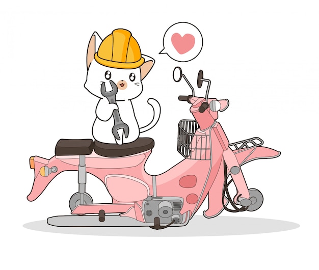 Kawaii katze repariert ein motorrad