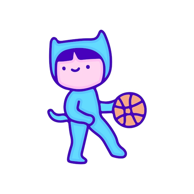 Kawaii-kind im katzenkostüm, das basketball spielt, illustration für t-shirt, aufkleber.