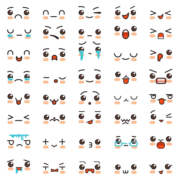 Vektor kawaii-lächelnkarikatur emoticons und emoji stellt vektorikonen gegenüber