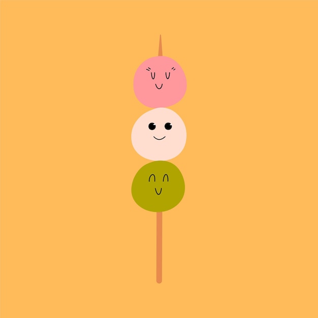 Kawaii lustiger dango-charakter traditionelles japanisches gericht knödel vektorillustration