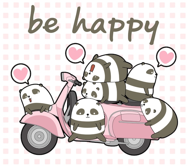 Kawaii pandas und rosa motorrad