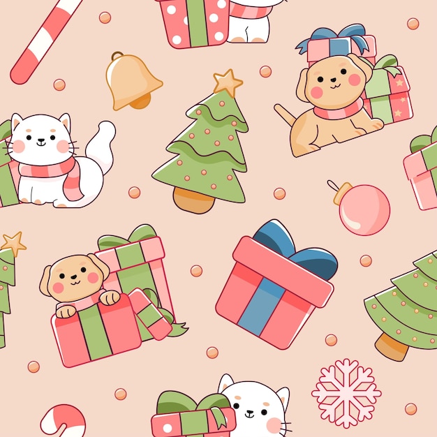 Kawaii Santa Paws Nahtloser Hintergrund