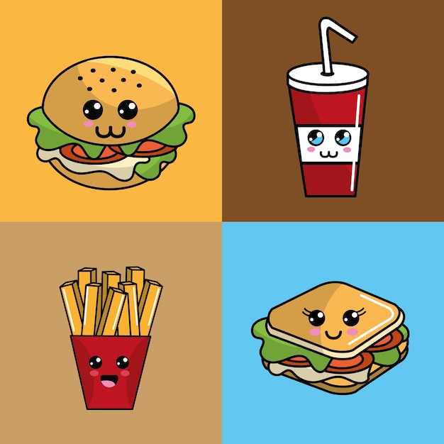 Kawaii set Fast-Food-Symbol adorable Ausdruck