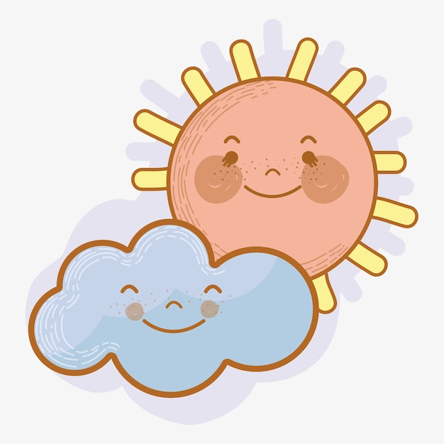 Kawaii sonne und wolke mit wangen und augen