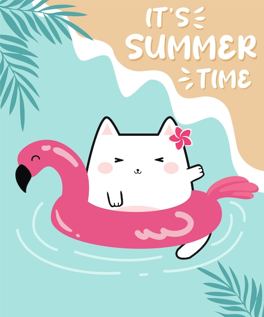 Kawaii süße Katze auf einem Flamingo-Float Cartoon-Doodle-Hintergrund mit Text It's Summer Time Vector