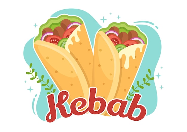 Kebab-illustration mit gefülltem hähnchen- oder rinderfleischsalat und gemüse in brot-tortilla-wrap