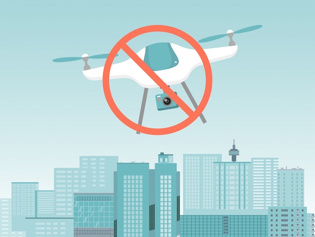 Kein drohnen-konzept-banner, moderne quadcopter-gadget-stoppfliege unter städtischer stadtlandschaftsillustration. seufzer quadrotor verbieten.