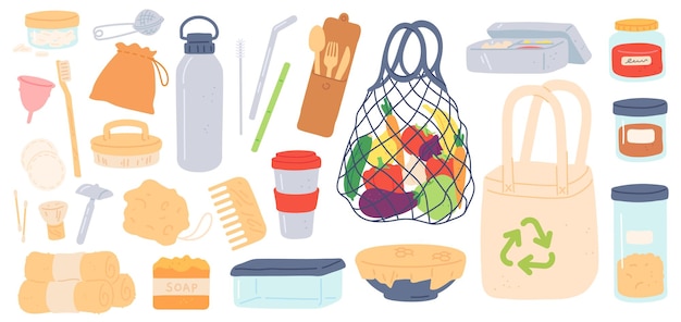 Kein Verlust. Wiederverwendbare, plastikfreie und umweltfreundliche Produkttaschen, Bambusstroh, Behälter und Holzbesteck. Reduzieren Sie den Müllvektorsatz. Öko-wiederverwendbare und recycelnde Abfallillustration