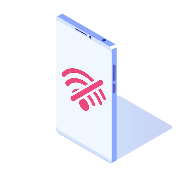 Kein WLAN auf dem isometrischen Symbol des Smartphone-Vektors. Schlechtes Internetverbindungszeichen.