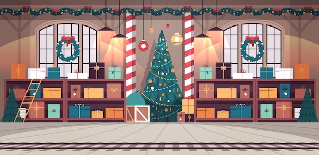 Keine Leute Weihnachtsmann-Fabrik mit Geschenken und dekoriertem Weihnachtsbaum Neujahr Winterferien Feier Konzept Werkstatt Innenraum horizontale Vektorgrafik
