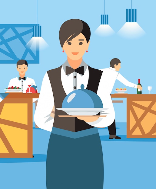 Kellnerin mit heißer teller- und deckelzeichentrickfilm-figur