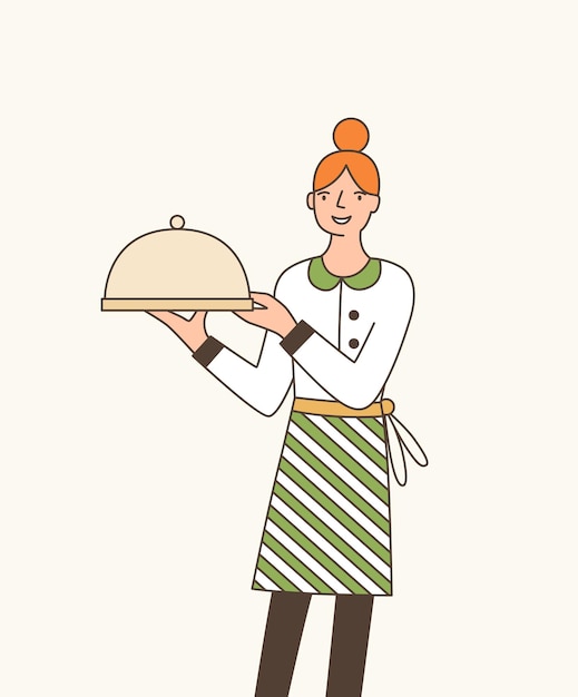 Kellnerin serviert teller flache vektor-illustration. junge kellnerin, die schürze trägt und tablett mit deckel-cartoon-figur hält. fröhlicher restaurantmitarbeiter. professioneller catering-service-mitarbeiter.