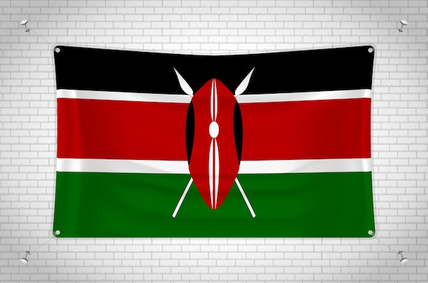 Kenia-flagge hängt an der ziegelwand. 3d-zeichnung. fahne an der wand befestigt.