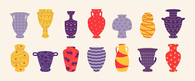 Keramik cartoon antike vase und gefäß aus keramik innenarchitektur dekoration mit ornamenten und symbolen vektor alte krüge und töpfe set