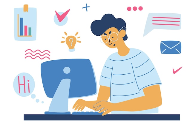 Kerl, der an einem Computer, einem Geschäft, einem Büro, einem Programmierer arbeitet. Der Arbeitsprozess. Geschäftsprojekt oder Startup-Konzept. Multitasking. Vektorillustration im Cartoon-Stil