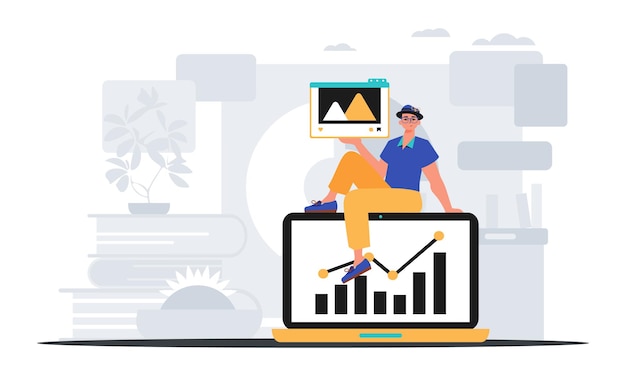 Vektor kerl mit film- und wachstumsdiagramm die unterdrückung eines fähigen score-plans zur digitalen kommerzialisierung des konzepts vektorillustration im trendigen stil