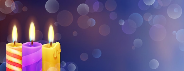 Kerze-Banner-Vorlage. Realistisches Licht, Bokeh-Effekt-Poster für das Diwali-Festival. Leerer Web-Header-Vektor-Hintergrund. Kerzenweihnachtsrealistisches Banner zur Feierillustration
