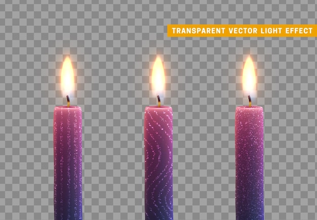 Kerzen brennen mit feuer. reihe von paraffinkerzen realistisch isoliert auf transparentem hintergrund. element für designdekor, vektorillustration