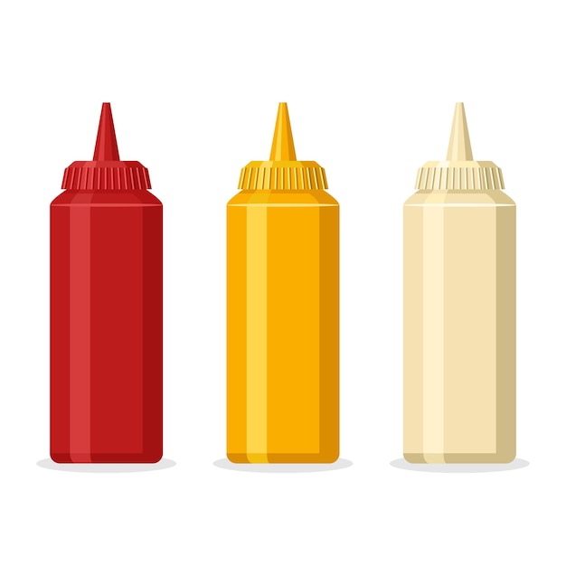 Vektor ketchup, senf und mayonnaise-flaschen mit würziger köstlicher soße für fastfood