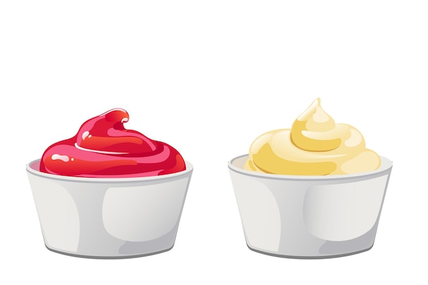 Ketchup und Mayonnaise in der Schüssel-Vorderansicht-Set. Vektor-Illustration im flachen Cartoon-Stil.
