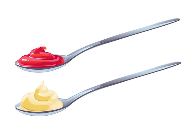 Vektor ketchup und mayonnaise in löffeln mit strudel. vektor-illustration im flachen cartoon-stil.