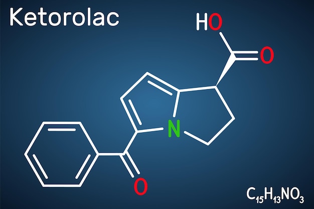 Ketorolac-Molekül Es handelt sich um ein nichtsteroidales entzündungshemmendes Arzneimittel, ein NSAID mit dunkelblauem Hintergrund