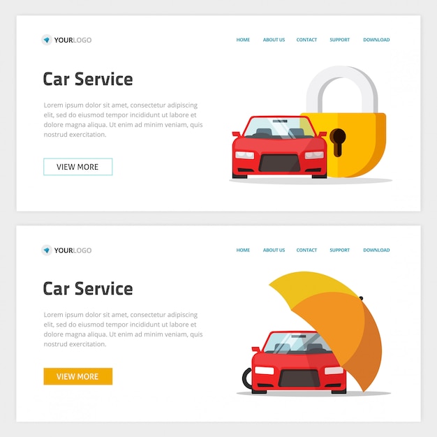 Kfz-Versicherung oder Kfz-Schutzdienst Website-Vorlage Layout oder Modell, Cartoon-Website Landingpage und Fahrzeug mit Schlossschild oder Regenschirm Sicherheitsbanner geschützt