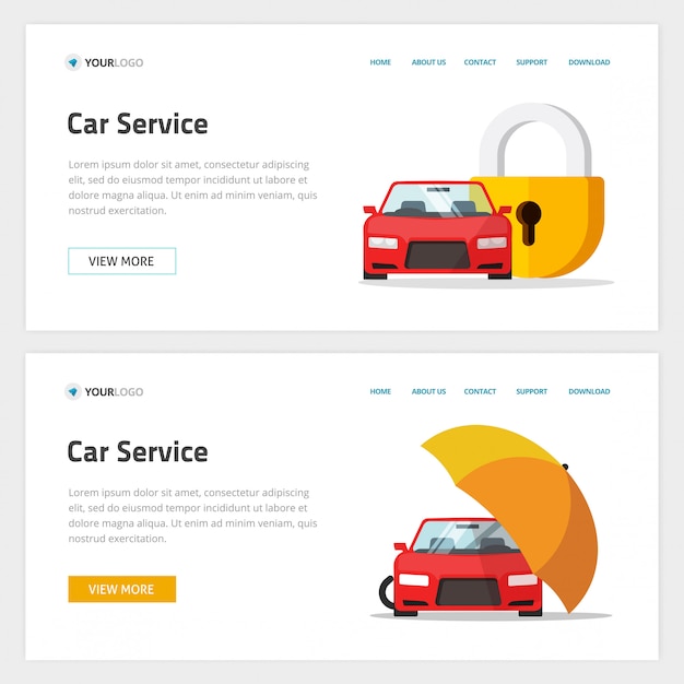 Kfz-versicherung oder kfz-schutzdienst website-vorlage layout oder modell, cartoon-website landingpage und fahrzeug mit schlossschild oder regenschirm sicherheitsbanner geschützt