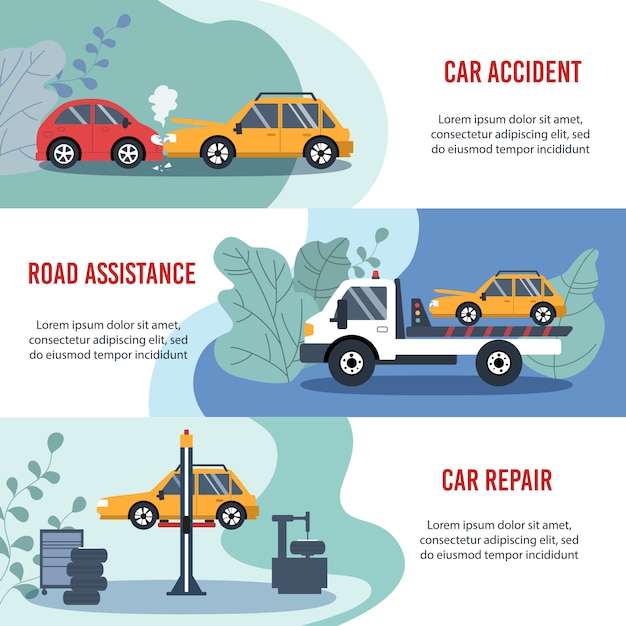 Vektor kfz-versicherungskonzept: autounfall, pannenhilfe, autoreparatur. flach horizontal