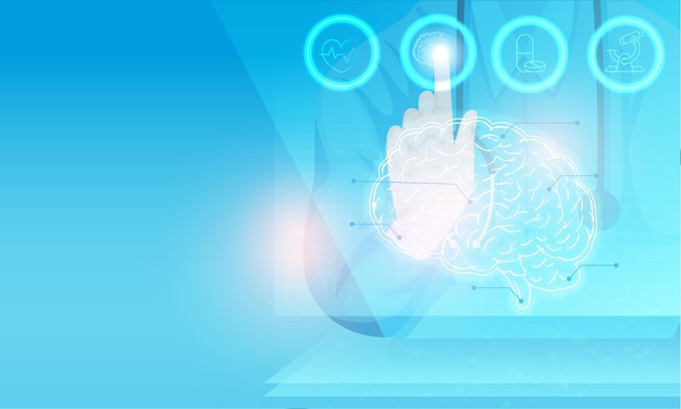 KI-medizinisches Konzept mit virtueller Gehirnbeobachtung durch medizinischen Vertreter Futuristisches medizinisches Konzept Neonbeleuchtung auf blauem Hintergrund