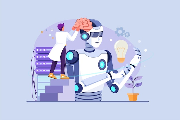 KI-Technologie-Entwicklung Menschen, die ein riesiges Gehirn tragen, um es in den Kopf eines Roboters zu stecken