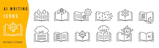 Vektor ki-textschreibsymbol im linienstil, maschinelles lernen, digitale ki-technologie-illustration