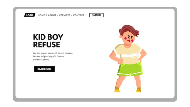 Kid Boy Ablehnung und Ekel Pose Ausdruck Vektor. Little Kid Boy weigert sich, etwas zu tun oder irgendwohin zu gehen. Charakter-Kind mit negativen Emotionen und Gesichtsgrimasse Web-flache Cartoon-Illustration