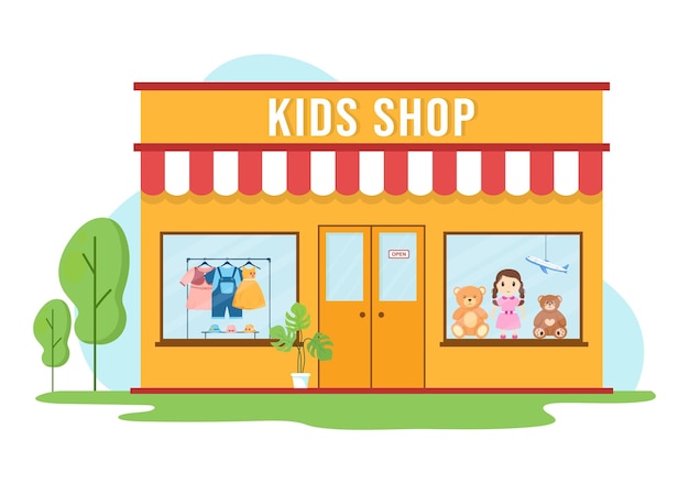 Vektor kids shop handgezeichnete illustration mit kinderausstattung wie kleidung oder spielzeug zum einkaufen