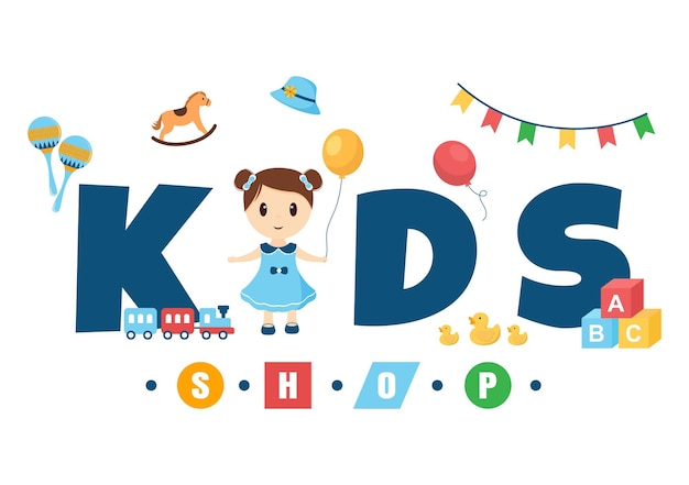 Vektor kids shop handgezeichnete illustration mit kinderausstattung wie kleidung oder spielzeug zum einkaufen