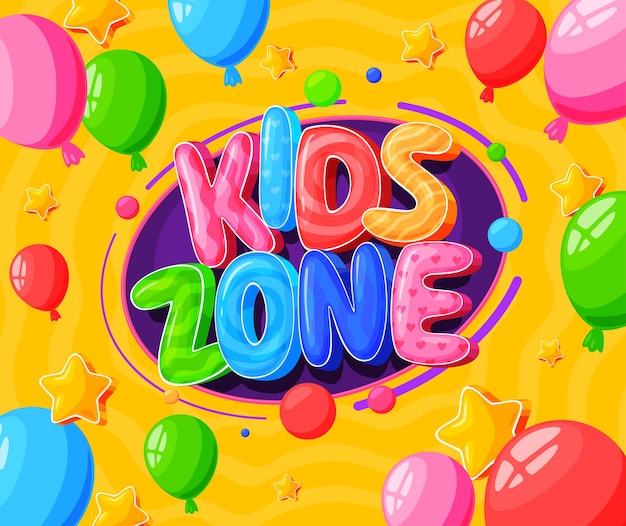 Kids-Zonen-Banner Bunte Spaßschrift Helle Kinderinschriften Konvexe glänzende Buchstaben Vektorillustration