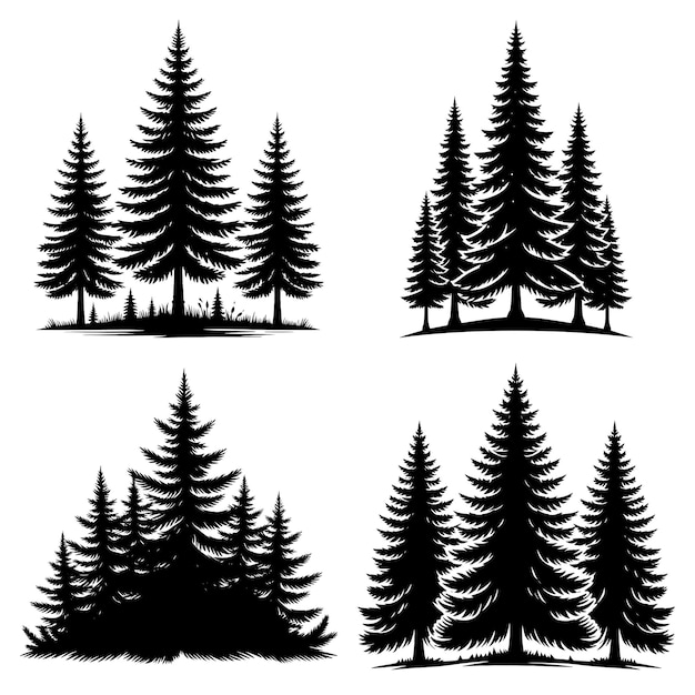Kiefernwald Landschaft Silhouette Set Vektor-Illustration isoliert auf weißem Hintergrund