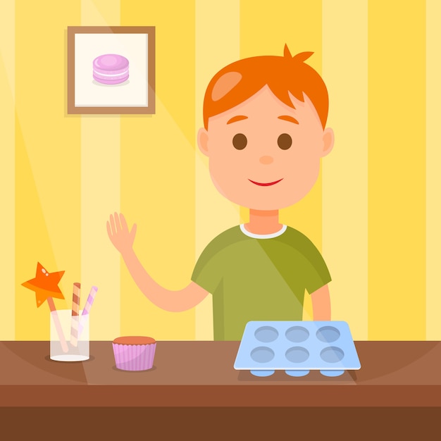 Kind, das geschmackvolle kleine kuchen-vektor-illustration kocht