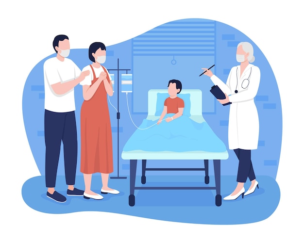 Kind im Krankenhauszimmer 2D-Vektor isolierte Illustration. Eltern sprechen mit Kinderarzt über flache Charaktere des Patientenzustands auf Cartoon-Hintergrund. Kindernotaufnahme bunte Szene
